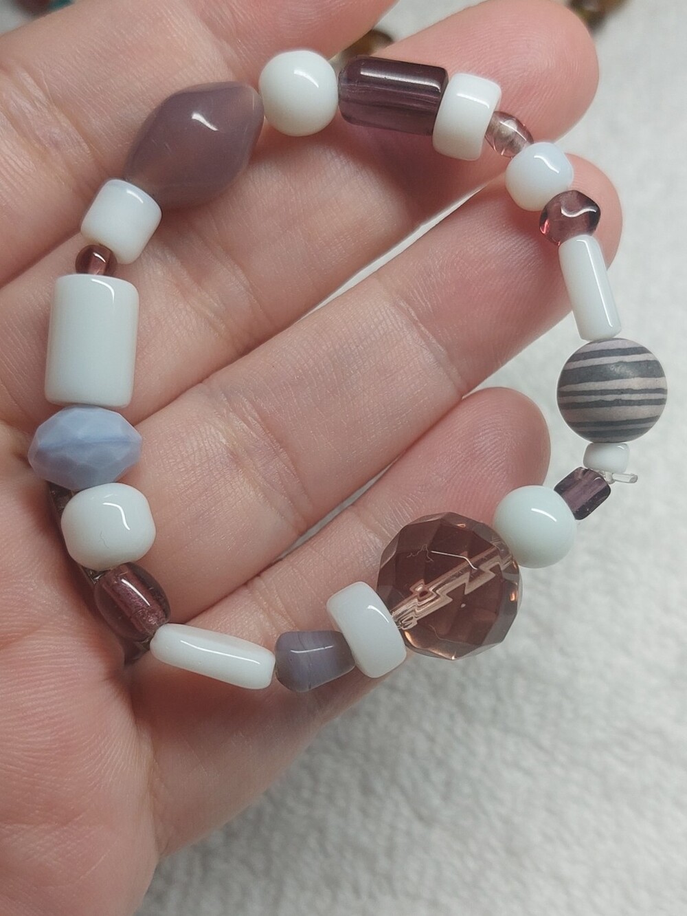 Handmade White Purple Mauve Beaded Stretch Bracelet